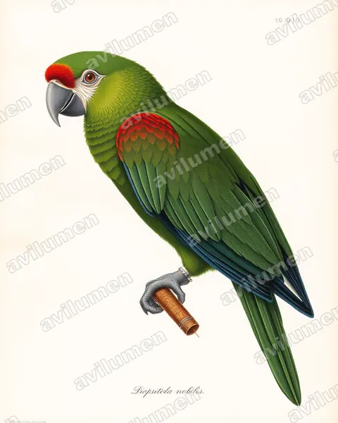 Vintage plate illustration: Diopsittaca nobilis (Red-shouldered Macaw)