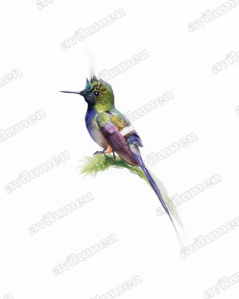Watercolor illustration: Discosura popelairii (Wire-crested thorntail)