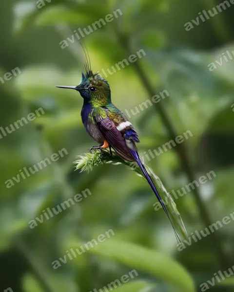 Realistic illustration: Discosura popelairii (Wire-crested thorntail)