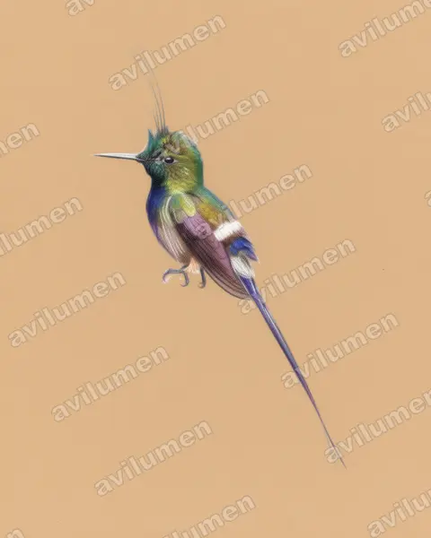 Colored pencil illustration: Discosura popelairii (Wire-crested thorntail)