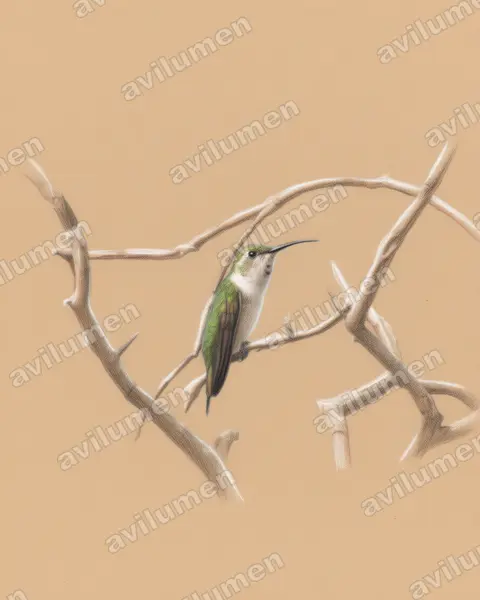 Illustration im Stil Buntstift: Rosenkehl-Sternkolibri (Doricha eliza)