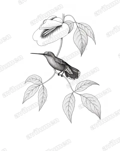 蓝额矛嘴蜂鸟（Doryfera johannae）的钢笔墨线插画