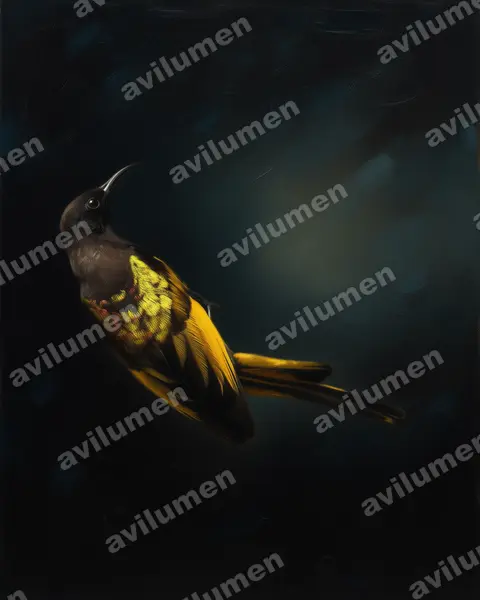 Illustration Huile : Drepanorhynchus reichenowi (Souimanga à ailes dorées)