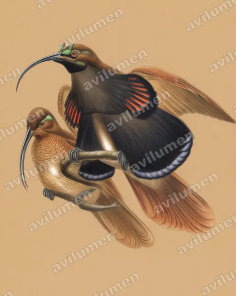 Colored pencil illustration: Drepanornis albertisi (Black-billed Sicklebill)
