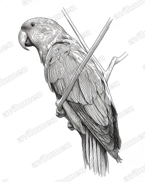 折衷鹦鹉（Eclectus roratus）的钢笔墨线插画