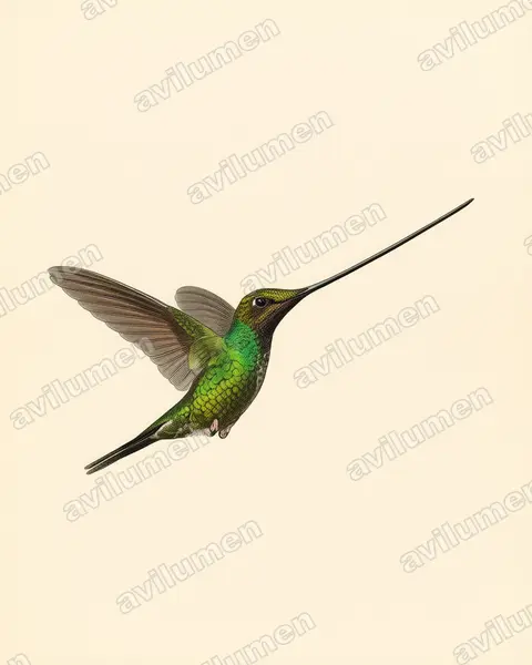 Illustration im Stil Historische Tafel: Schwertschnabelkolibri (Ensifera ensifera)