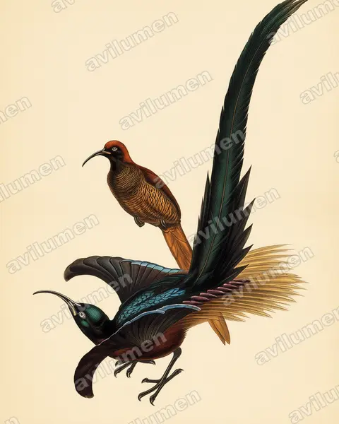 Illustration im Stil Historische Tafel: Schmalschwanz-Paradieshopf (Epimachus meyeri)