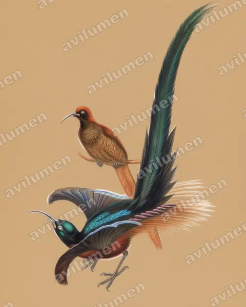 Illustration im Stil Buntstift: Schmalschwanz-Paradieshopf (Epimachus meyeri)