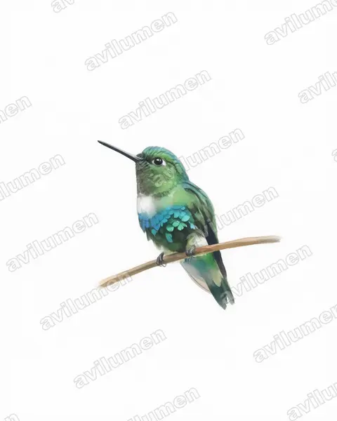 Watercolor illustration: Eriocnemis aline (Emerald-bellied puffleg)
