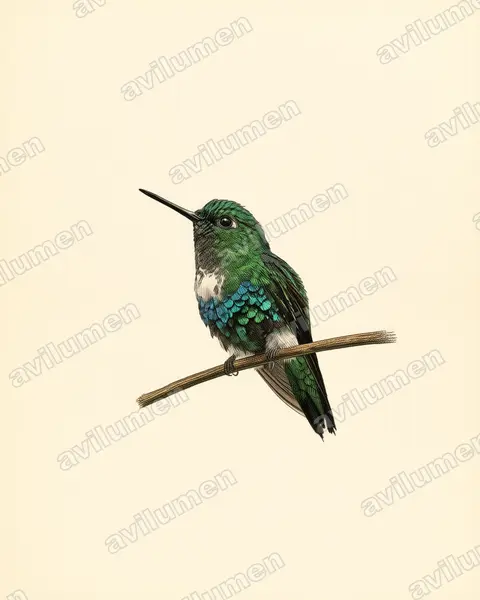 Vintage plate illustration: Eriocnemis aline (Emerald-bellied puffleg)