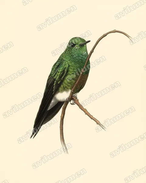 铜腹毛腿蜂鸟(Eriocnemis cupreoventris)的古典图版插画