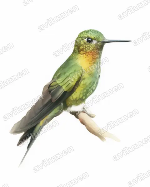 Watercolor illustration: Eriocnemis mosquera (Golden-breasted puffleg)