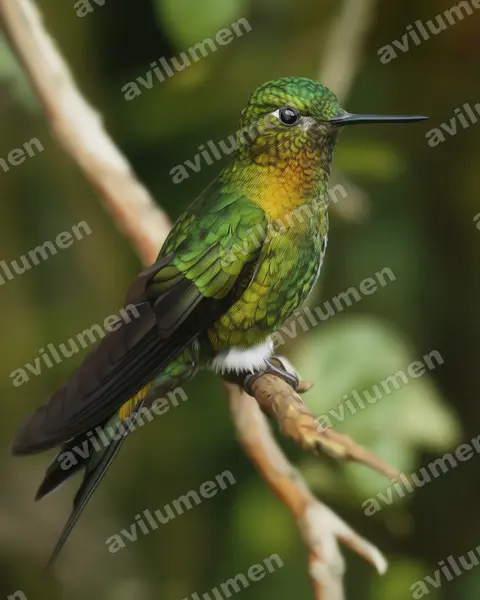 Realistic illustration: Eriocnemis mosquera (Golden-breasted puffleg)