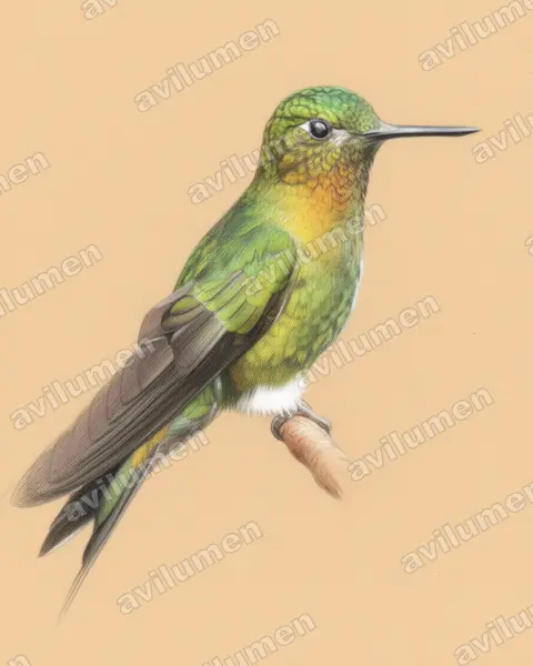 Colored pencil illustration: Eriocnemis mosquera (Golden-breasted puffleg)