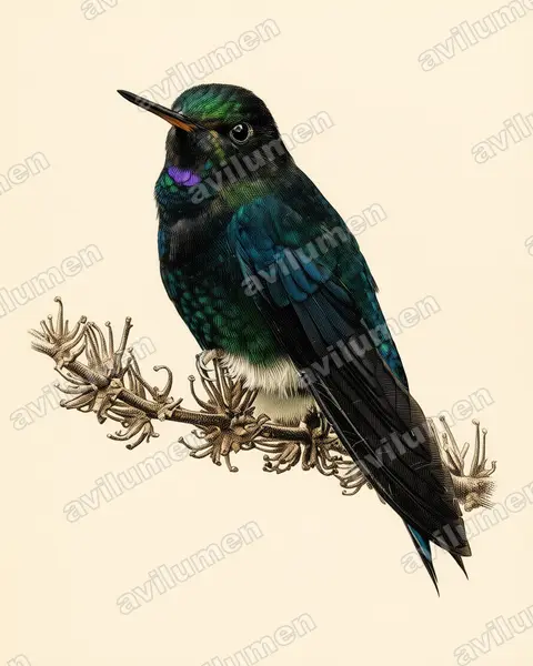 Illustration im Stil Historische Tafel: Schwarzbauch-Höschenkolibri (Eriocnemis nigrivestis)