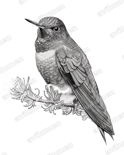 Illustration im Stil Tusche: Schwarzbauch-Höschenkolibri (Eriocnemis nigrivestis)