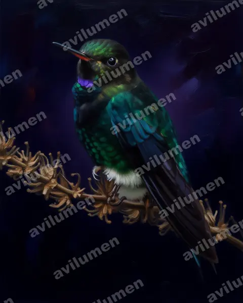 Illustration im Stil Öl: Schwarzbauch-Höschenkolibri (Eriocnemis nigrivestis)