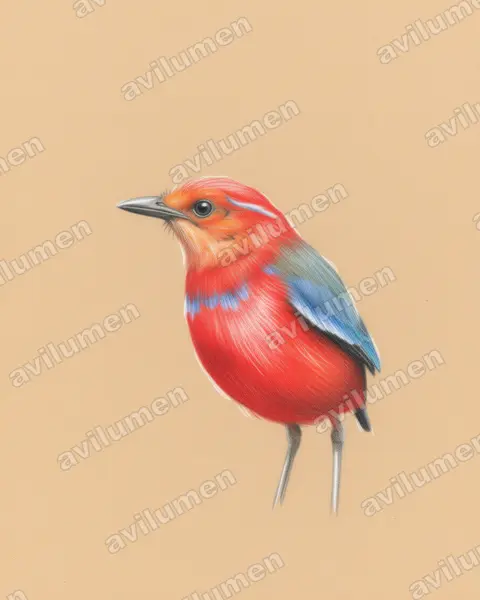 蓝斑八色鸫（Erythropitta arquata）的彩色铅笔插画