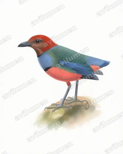 Watercolor illustration: Erythropitta caeruleitorques (Sangihe pitta)