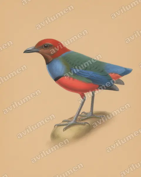 Colored pencil illustration: Erythropitta caeruleitorques (Sangihe pitta)