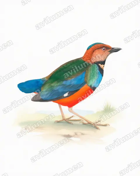 Illustration im Stil Aquarell: Sulawesi-Blaubrustpitta (Erythropitta celebensis)