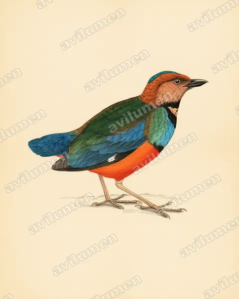 Illustration im Stil Historische Tafel: Sulawesi-Blaubrustpitta (Erythropitta celebensis)