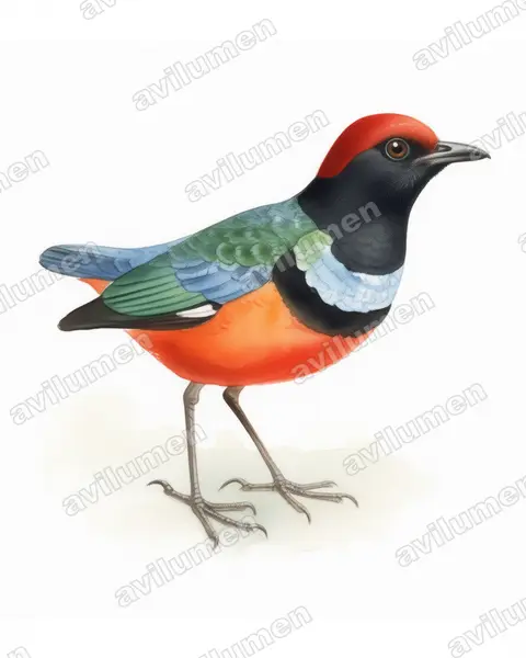 Illustration im Stil Aquarell: Sula-Blaubrustpitta (Erythropitta dohertyi)