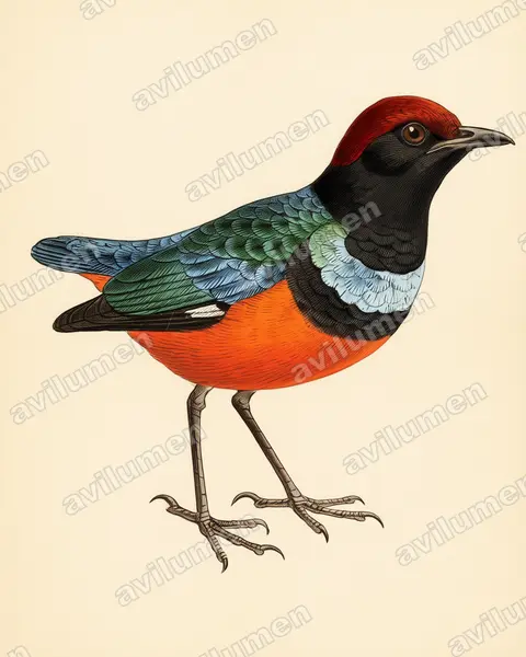Illustration im Stil Historische Tafel: Sula-Blaubrustpitta (Erythropitta dohertyi)