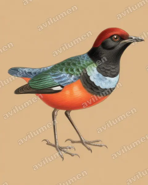 Illustration im Stil Buntstift: Sula-Blaubrustpitta (Erythropitta dohertyi)