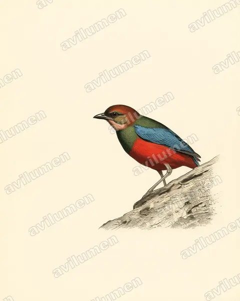 Illustration im Stil Historische Tafel: Philippinen-Blaubrustpitta (Erythropitta erythrogaster)