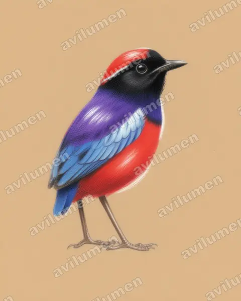 Colored pencil illustration: Erythropitta granatina (Garnet Pitta)