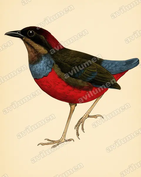 Vintage plate illustration: Erythropitta kochi (Whiskered Pitta)