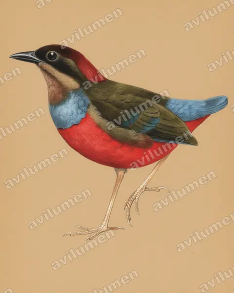 Colored pencil illustration: Erythropitta kochi (Whiskered Pitta)