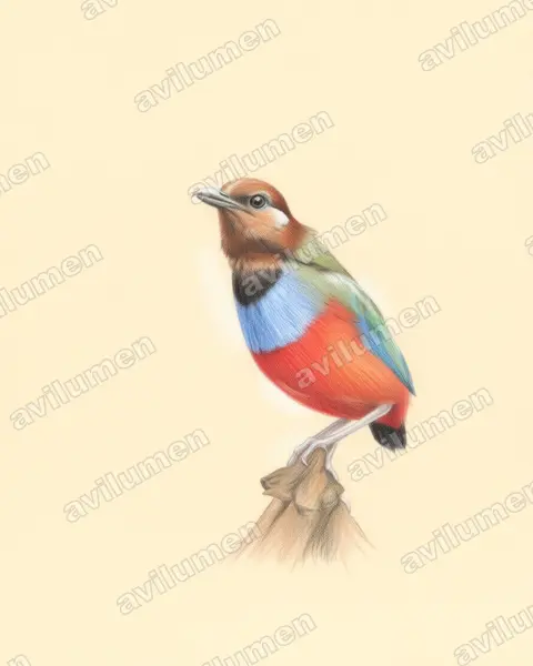 Colored pencil illustration: Erythropitta rubrinucha (South Moluccan Pitta)