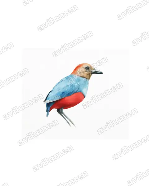 Illustration im Stil Aquarell: Nordmolukken-Blaubrustpitta (Erythropitta rufiventris)