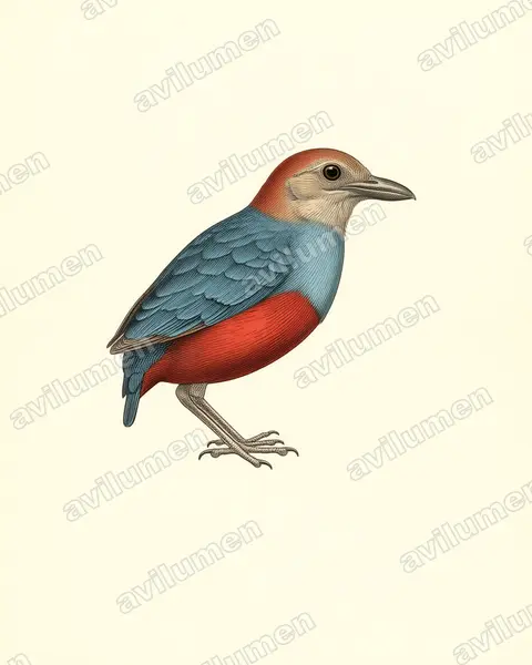 Illustration im Stil Historische Tafel: Nordmolukken-Blaubrustpitta (Erythropitta rufiventris)