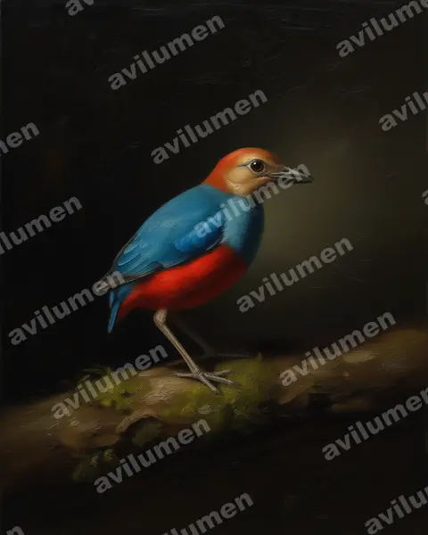 Illustration im Stil Öl: Nordmolukken-Blaubrustpitta (Erythropitta rufiventris)
