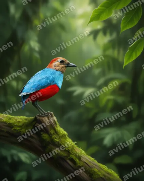 Illustration im Stil Realistisch: Nordmolukken-Blaubrustpitta (Erythropitta rufiventris)