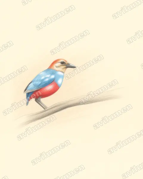Illustration im Stil Buntstift: Nordmolukken-Blaubrustpitta (Erythropitta rufiventris)