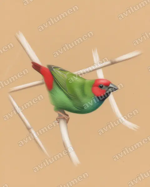 Illustration Crayon de couleur : Erythrura pealii (Diamant de Peale)
