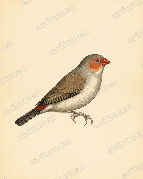 Ilustración en Lámina antigua: Estrilda melpoda (Estrilda carinaranja)