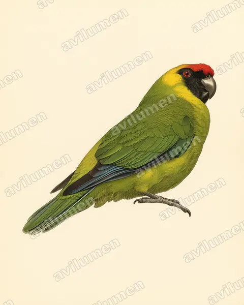 Ilustración en Lámina antigua: Eunymphicus cornutus (Perico cornudo)