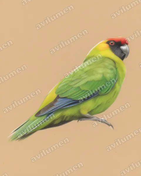 Ilustración en Lápiz de color: Eunymphicus cornutus (Perico cornudo)
