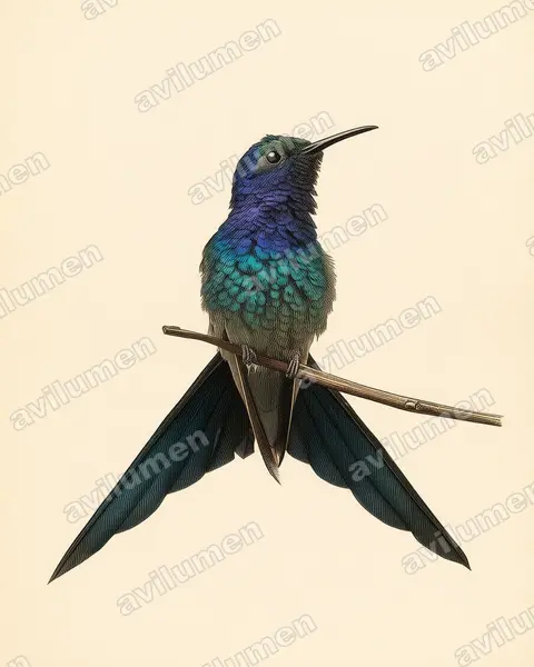 燕尾刀翅蜂鸟（Eupetomena macroura）的古典图版插画