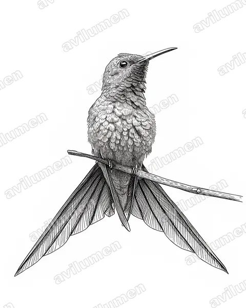 燕尾刀翅蜂鸟（Eupetomena macroura）的钢笔墨线插画