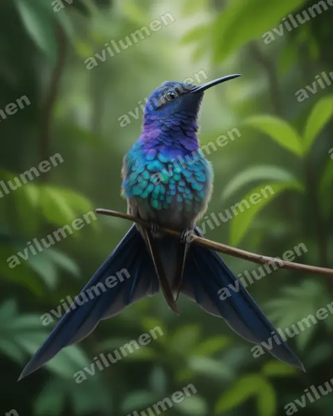 燕尾刀翅蜂鸟（Eupetomena macroura）的写实插画
