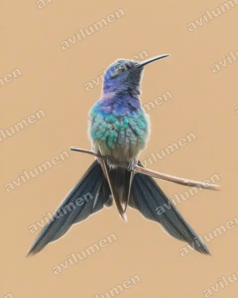 燕尾刀翅蜂鸟（Eupetomena macroura）的彩色铅笔插画