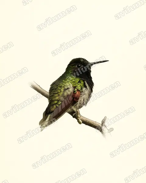Ilustración en Lámina antigua: Eupherusa nigriventris (Colibrí ventrinegro)