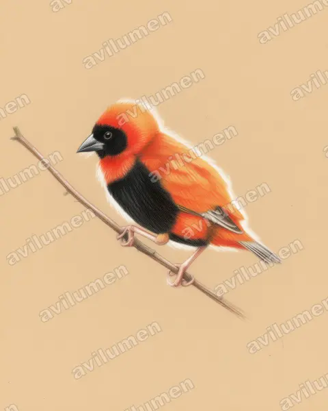 Colored pencil illustration: Euplectes orix (Southern Red Bishop)