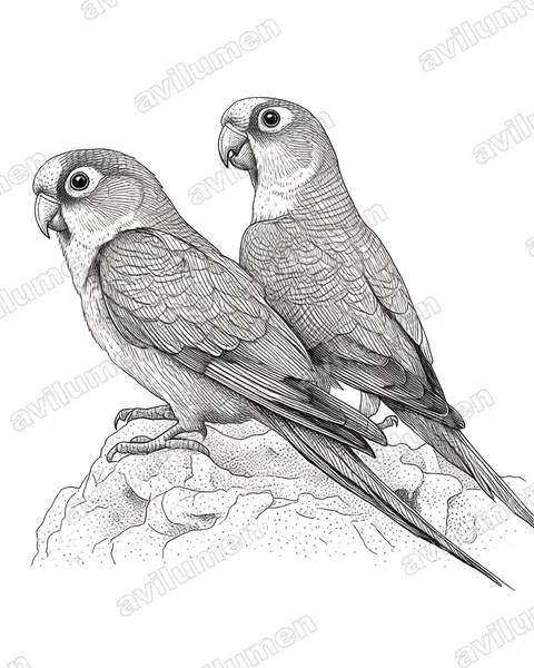 Peach-fronted Parakeet（Eupsittula aurea）的钢笔墨线插画